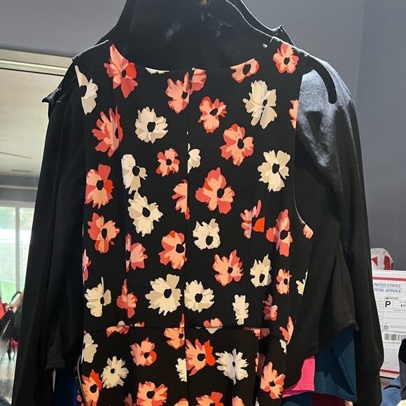 Elle Flower Dress black with red/pink and white/beige flowers Sz XL Fitted belt - Picture 5 of 11